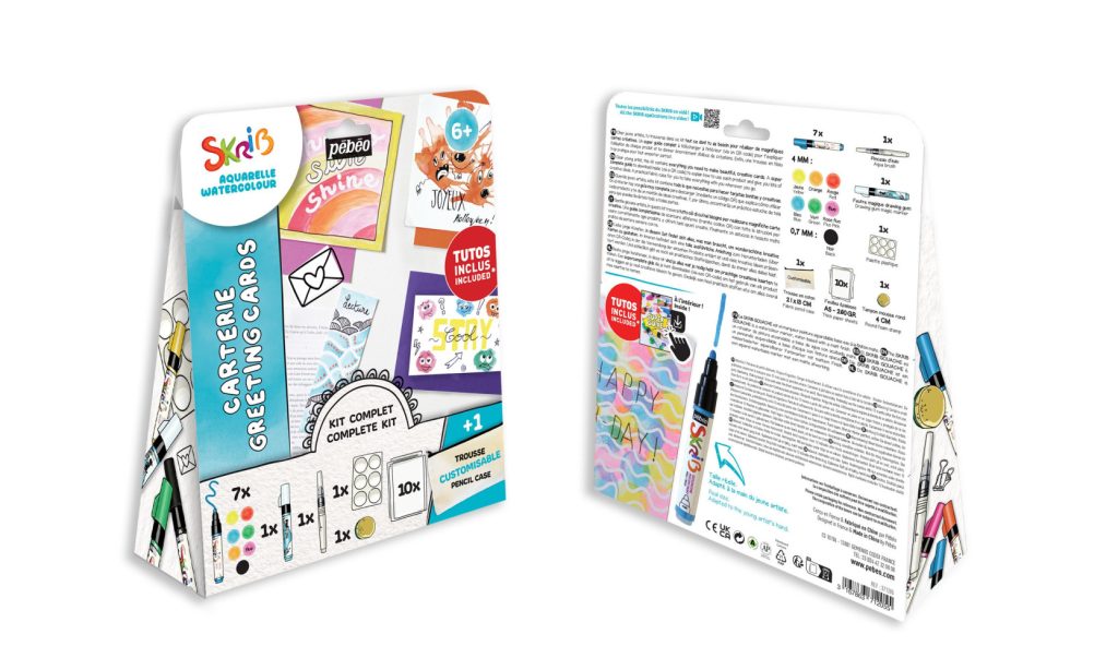 Pébéo KIT CARTERIE 7xSKRIB GOUACHE + PINCEAU EAU + MARQUEUR DRAWING GUM + CARTES + ACCESSOIRES Vue de face et de dos