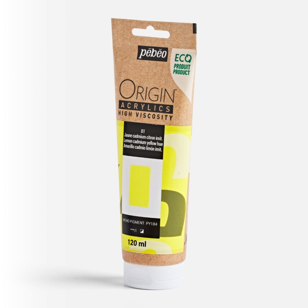 Pébéo Peinture Acrylique Éco conçue ORIGIN ACRYLICS 120 ML JAUNE CADMIUM CITRON IMITATION Vue de gauche