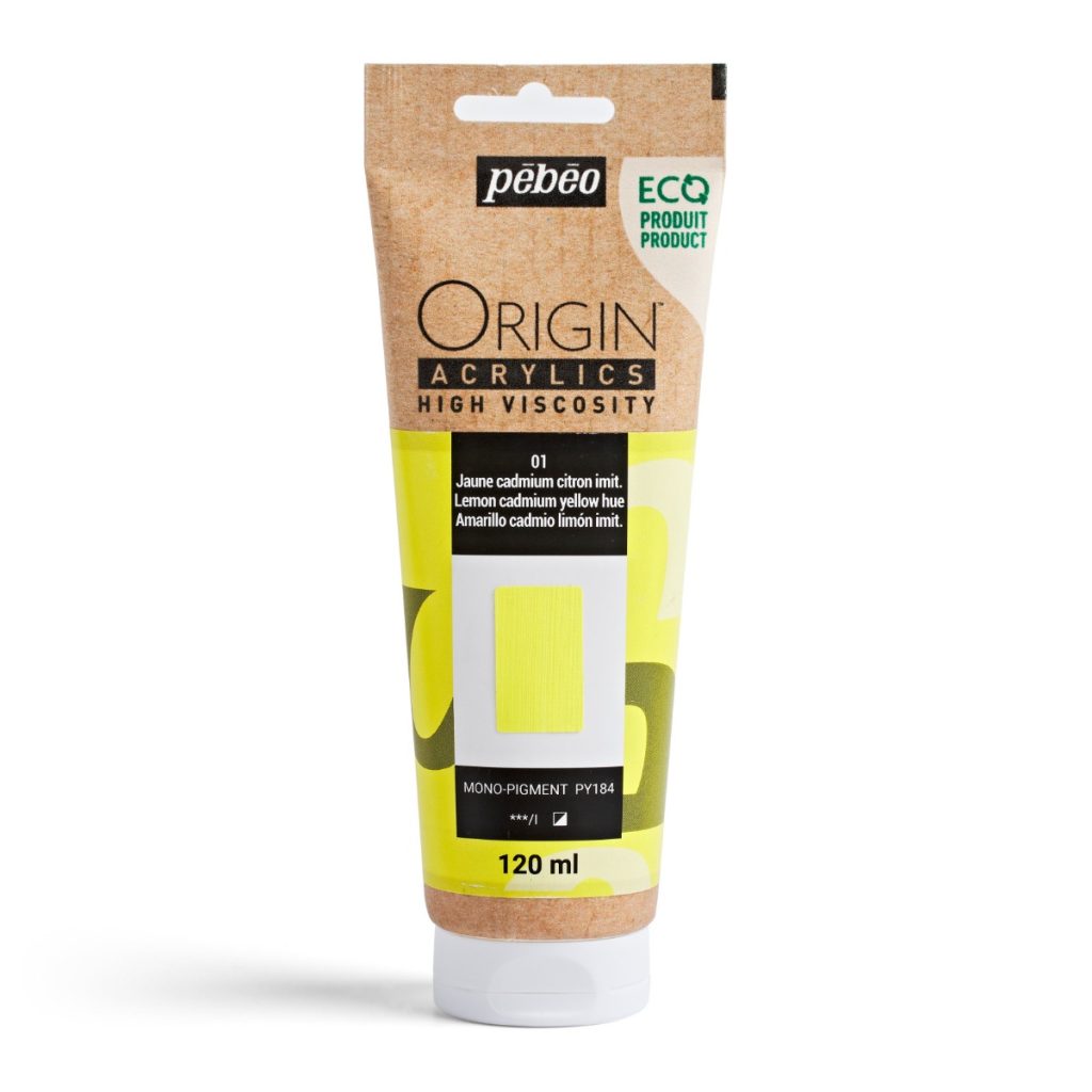 Pébéo Peinture Acrylique Éco conçue ORIGIN ACRYLICS 120 ML JAUNE CADMIUM CITRON IMITATION Vue de face