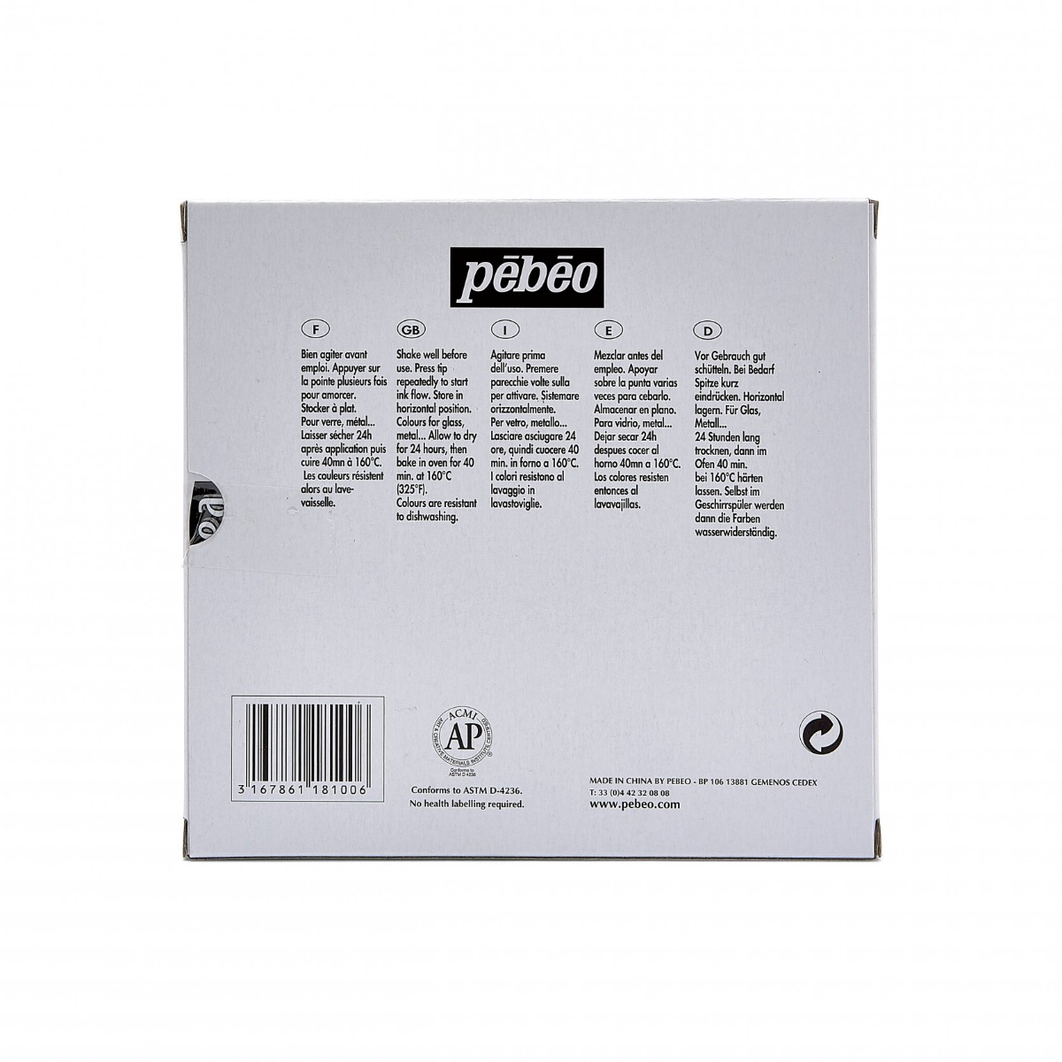 Pébéo Coffret Marqueur sur Verre VITREA 160 ETUI 9 FEUTRES BRILLANTS POINTE NORMALE ASSORTIS Vue de dos