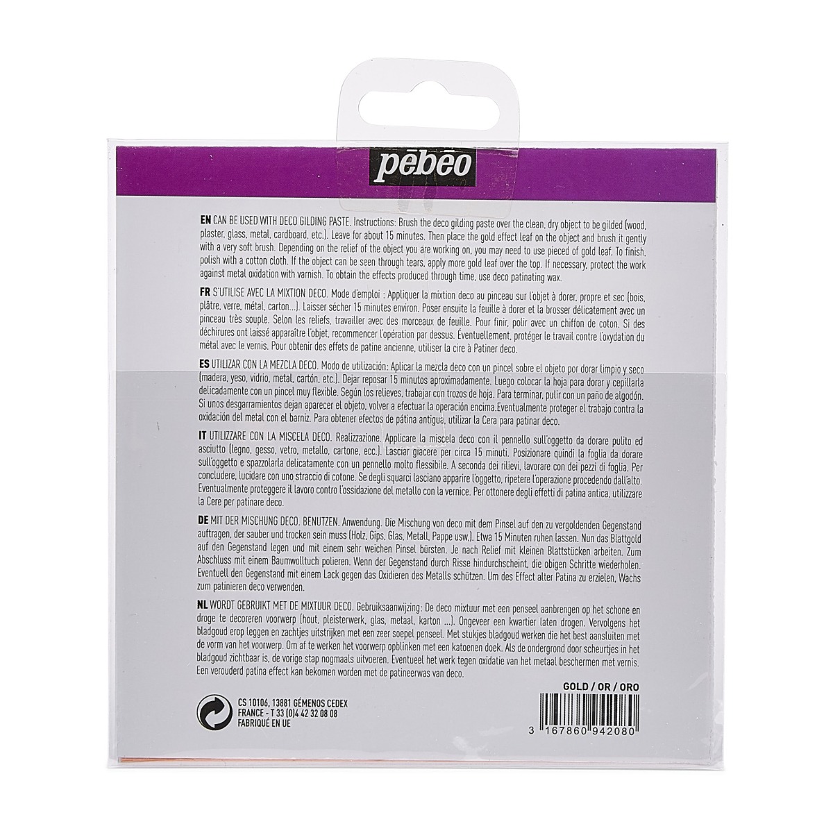 Pébéo Feuilles à Dorer DECO FEUILLES A DORER CARNET DE 12 FEUILLES OR Vue de dos