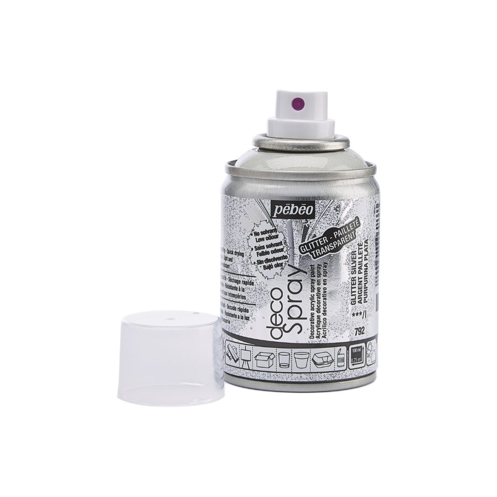 Pébéo Peinture Acrylique en Spray DECOSPRAY 100 ML ARGENT PAILLETE Bouchon ouvert