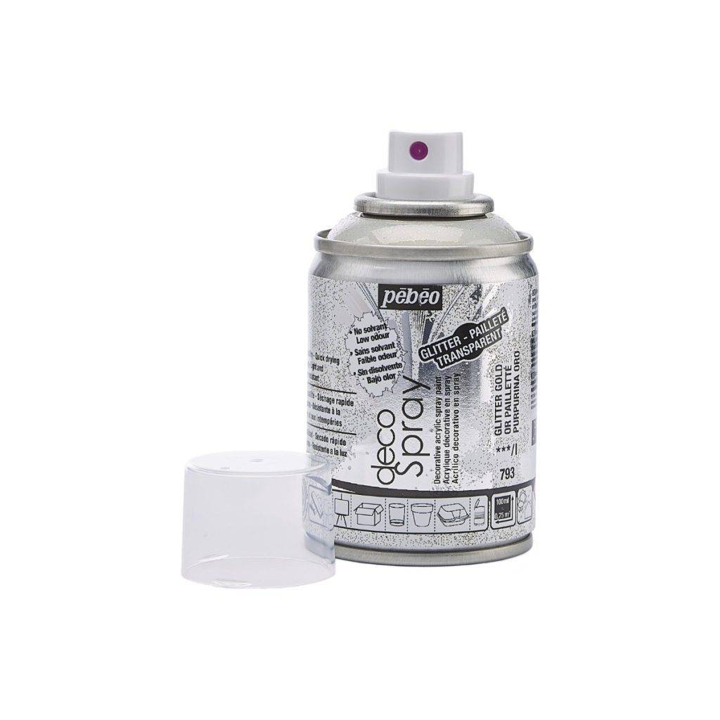 Pébéo Peinture Acrylique en Spray DECOSPRAY 100 ML OR PAILLETTE Bouchon ouvert