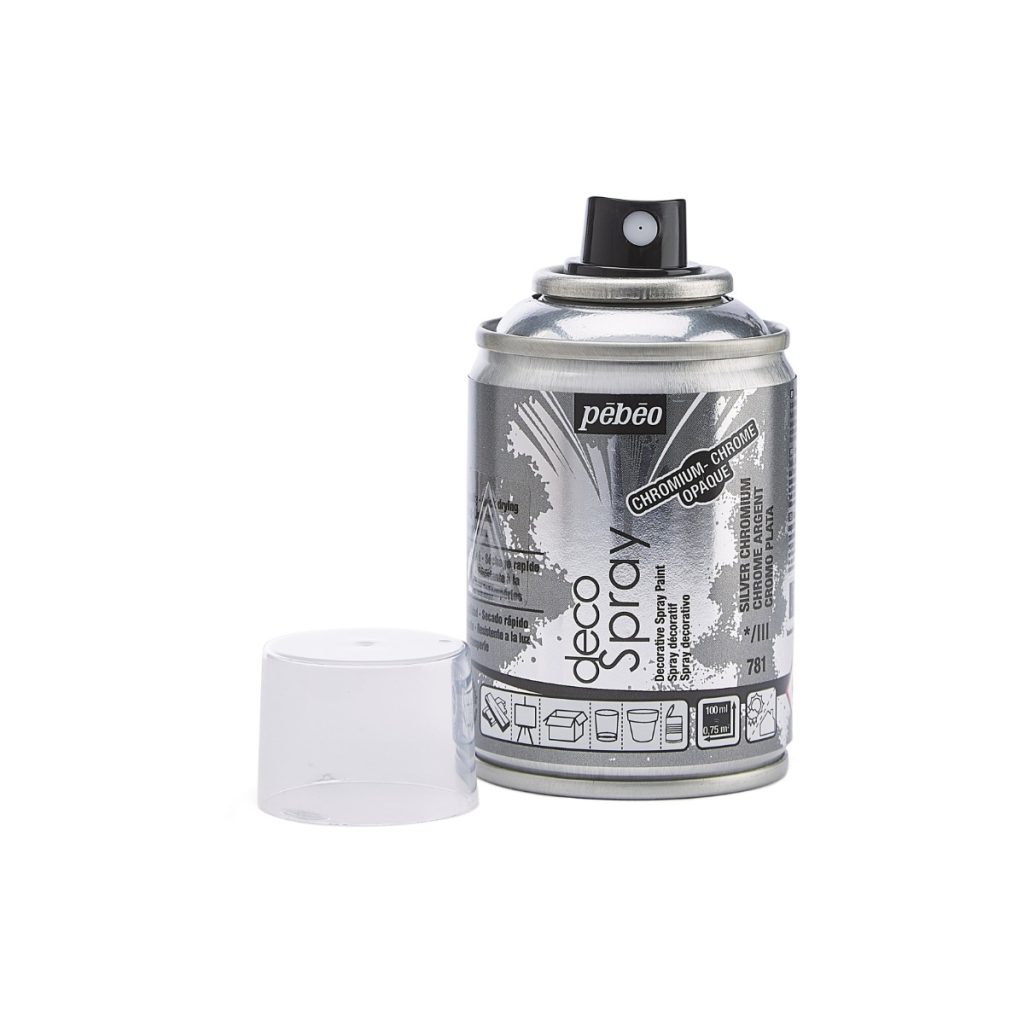 Pébéo Peinture Acrylique en Spray DECOSPRAY 100 ML CHROME ARGENT Bouchon ouvert