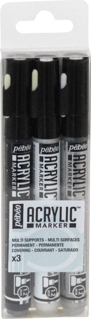 Pébéo Marqueur à l'Huile SET DE 3 ACRYLIC MARKER NOIR, BLANC ET ARGENT PRECIEUX POINTE RONDE 1,2 MM Vue de face