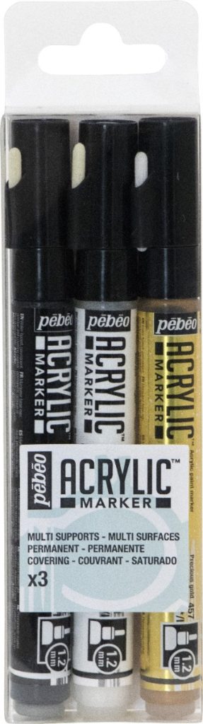 Pébéo Marqueur à l'Huile SET DE 3 ACRYLIC MARKER NOIR, BLANC ET OR PRECIEUX POINTE RONDE 1,2 MM Vue de face