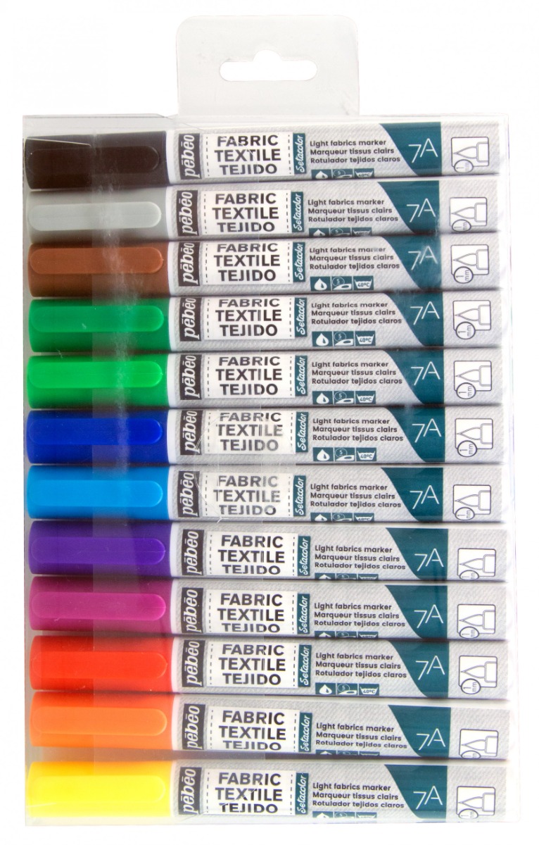 Pébéo 7A MARQUEURS TISSU CLAIR POINTE PINCEAU 1 MM ETUI 12 COULEURS ASSORTIES Vue de face