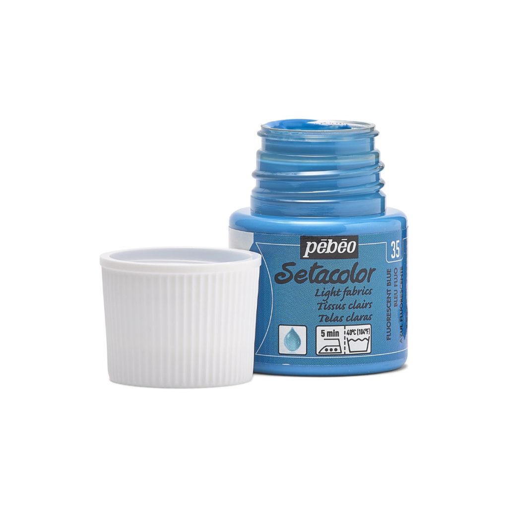 Pébéo Peinture pour Tissus SETACOLOR TISSUS CLAIRS 45 ML BLEU FLUO Bouchon ouvert
