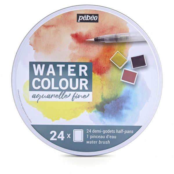 AQUARELLE FINE BOITE RONDE EN METAL 24 DEMI-GODETS