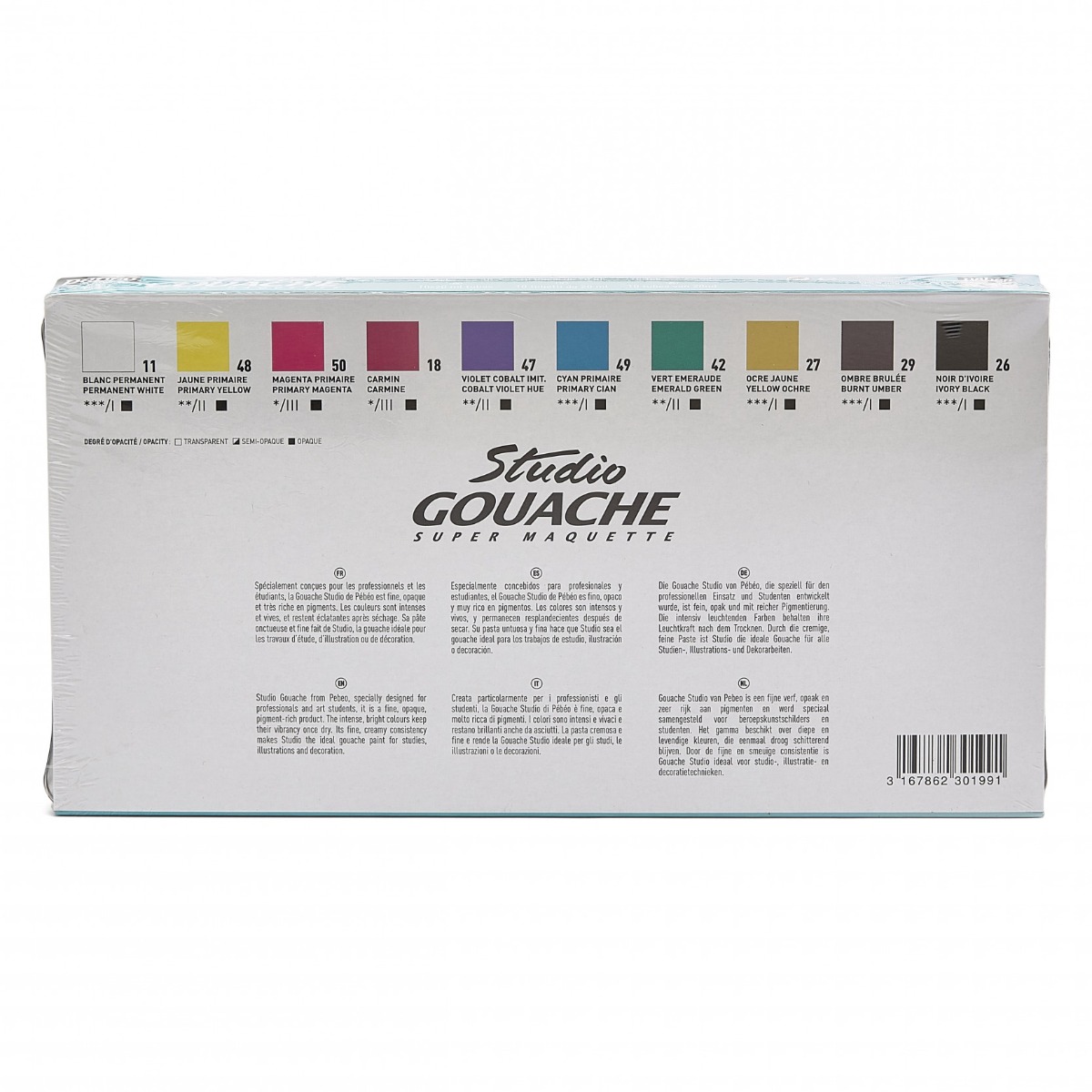 Pébéo STUDIO GOUACHE STARTER SET 10 TUBES ASSORTIS 20 ML ET PINCEAU Vue de dos