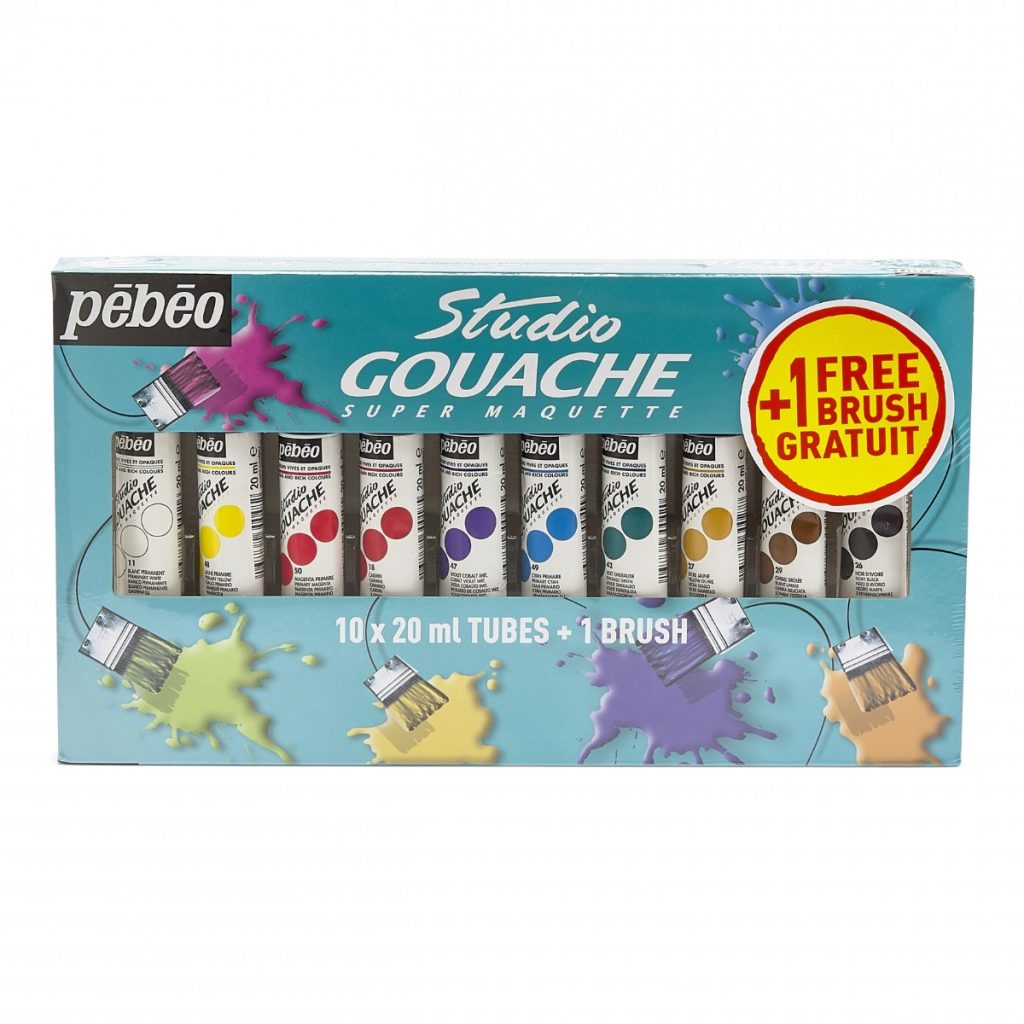 Pébéo STUDIO GOUACHE STARTER SET 10 TUBES ASSORTIS 20 ML ET PINCEAU Vue de face