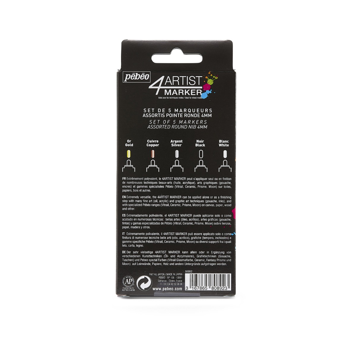 Pébéo Set Marqueur à l'Huile 4ARTIST MARKER SET 5 POINTES 4 MM ASSORTIMENT METALLIQUE Vue de dos