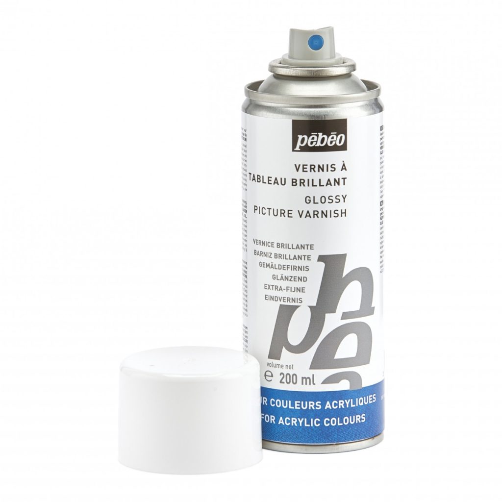 Pébéo ARTIST ACRYLICS 200 ML VERNIS BRILLANT PHASE SOLVANT EN SPRAY Bouchon ouvert