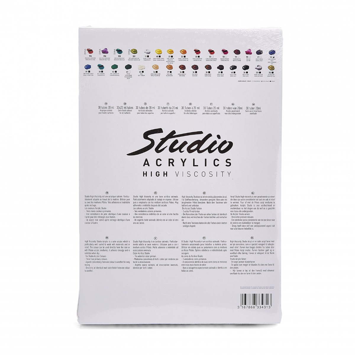 Pébéo STUDIO ACRYLICS ETUI 30 TUBES DE 20 ML ASSORTIS ET PINCEAU Vue de dos