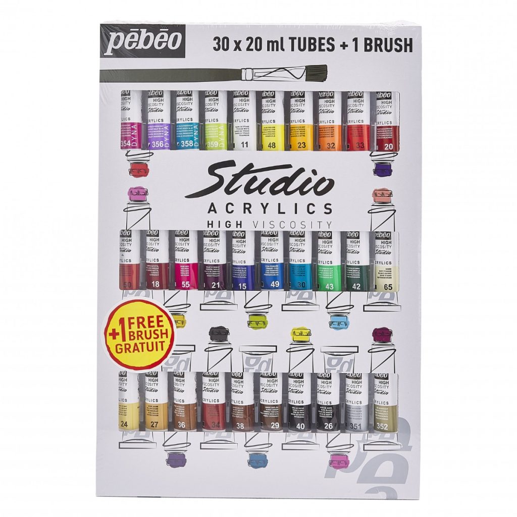 Pébéo STUDIO ACRYLICS ETUI 30 TUBES DE 20 ML ASSORTIS ET PINCEAU Vue de face