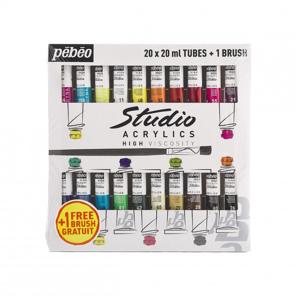 Pébéo STUDIO ACRYLICS ETUI 20 TUBES DE 20 ML ASSORTIS ET PINCEAU Vue de face