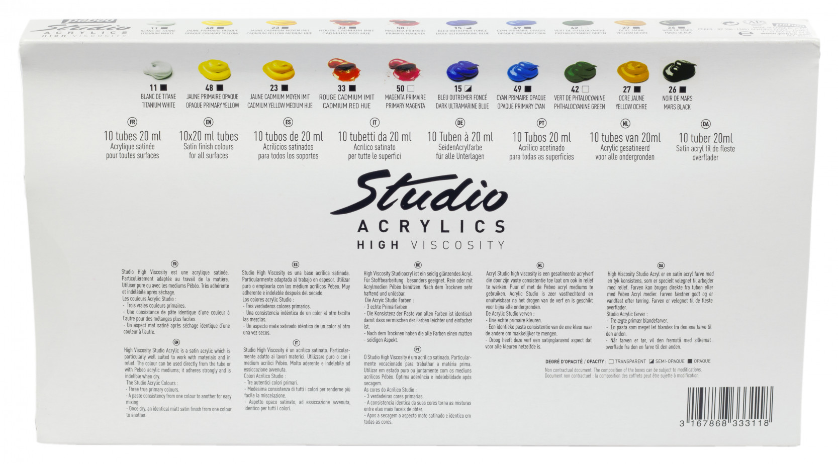 Pébéo STUDIO ACRYLICS ETUI 10 TUBES DE 20 ML ASSORTIS ET PINCEAU Vue de dos