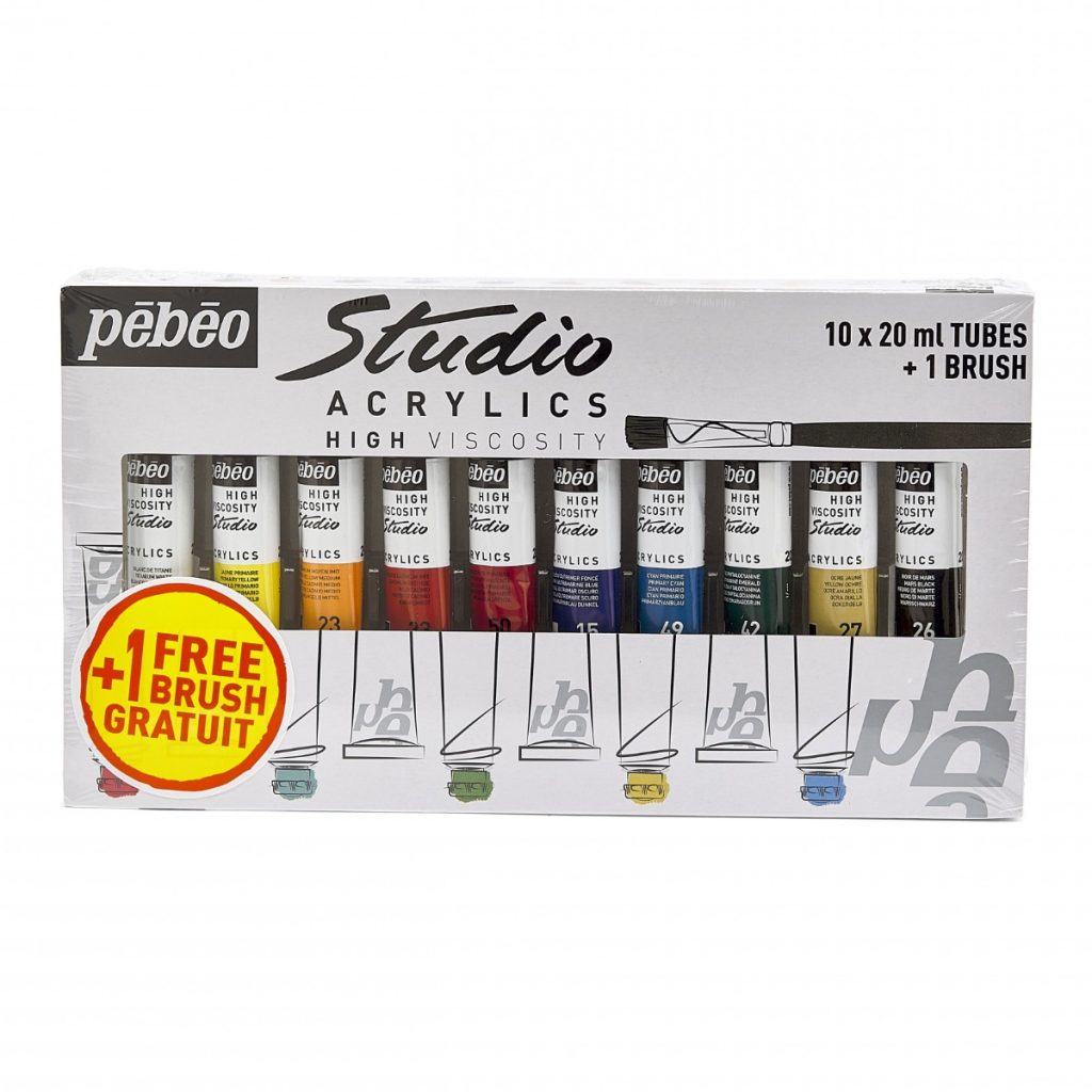 Pébéo STUDIO ACRYLICS ETUI 10 TUBES DE 20 ML ASSORTIS ET PINCEAU Vue de face