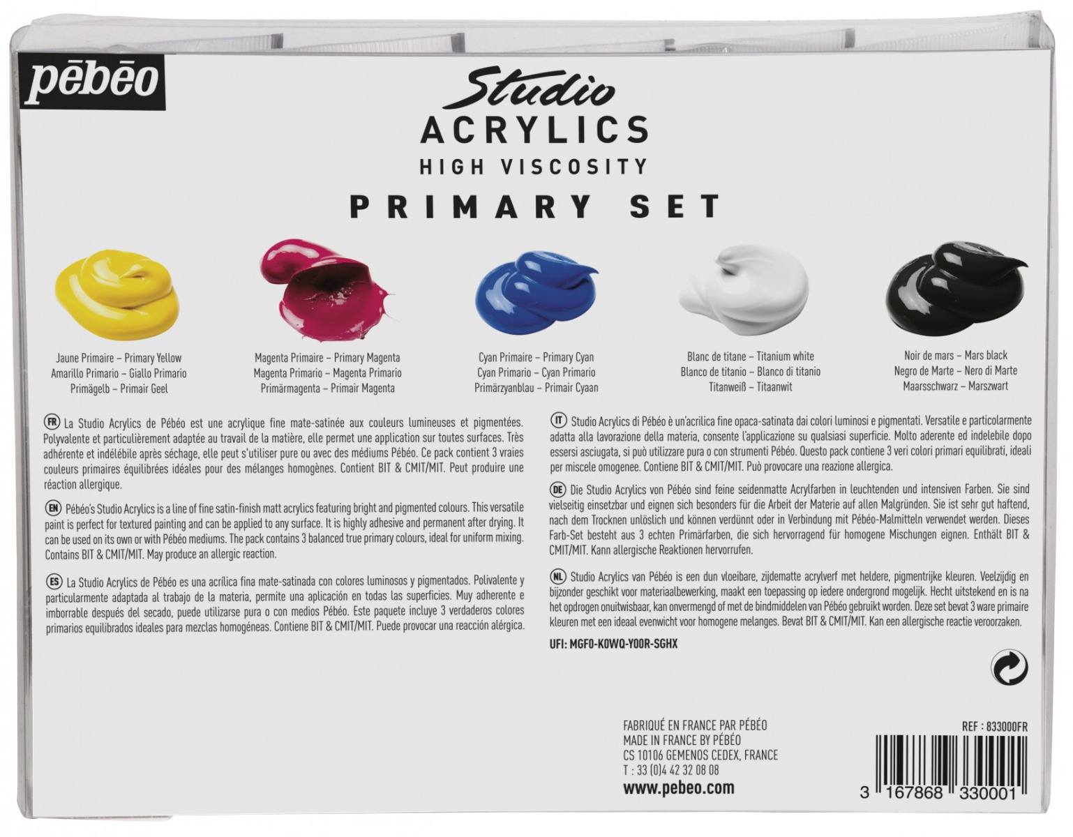 Pébéo STUDIO ACRYLICS PACK PRIMAIRES 5 TUBES 100 ML Vue de dos