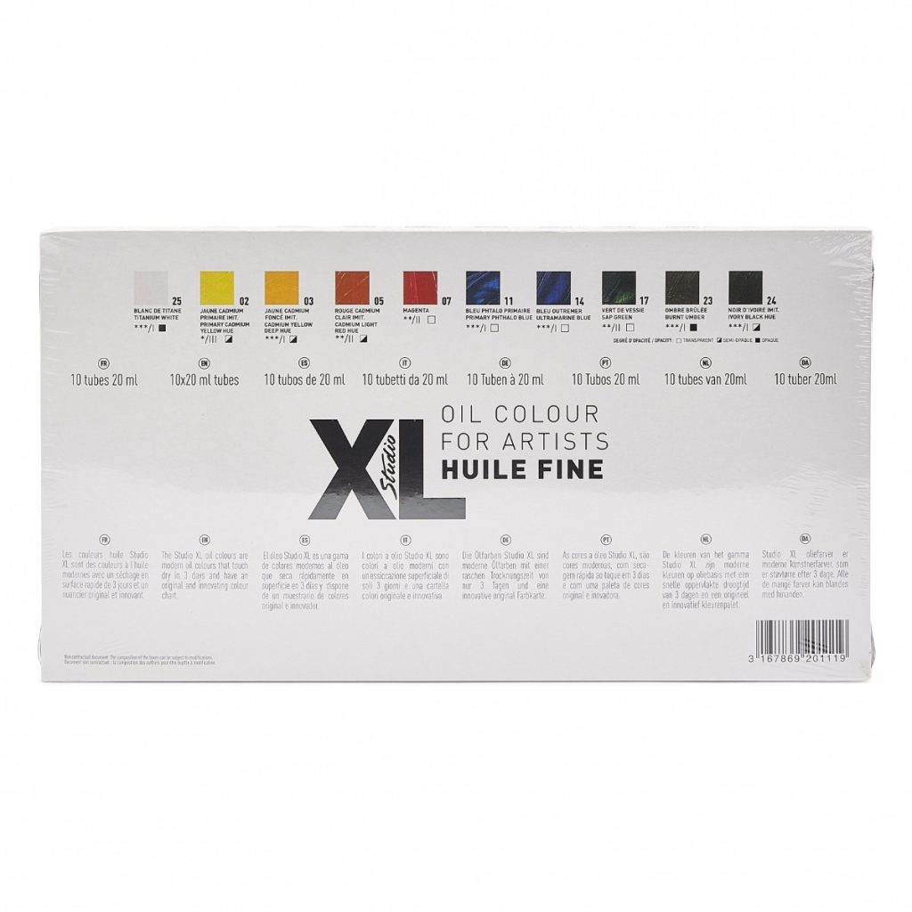 Pébéo HUILE FINE XL ETUI 10 TUBES DE 20 ML ASSORTIS ET PINCEAU Vue de dos